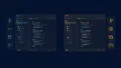 Graphical code editors and extension panels arranged beside visual review tools on a dark background