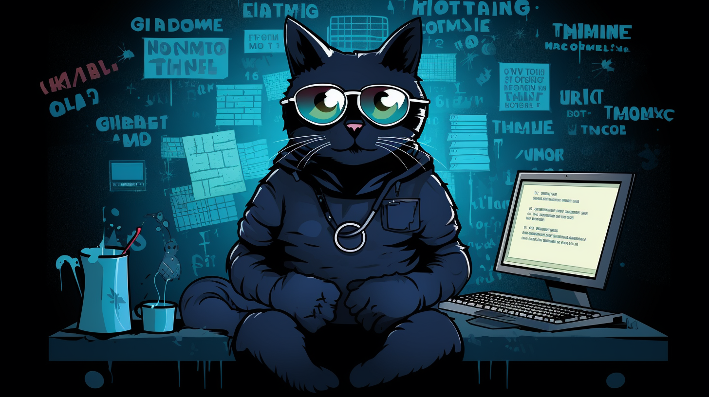 A symbolic and humorous cartoon-style illustration of a cat wearing sunglasses and sitting at a computer, surrounded by text bubbles, symbolizing the hacker cat meme.