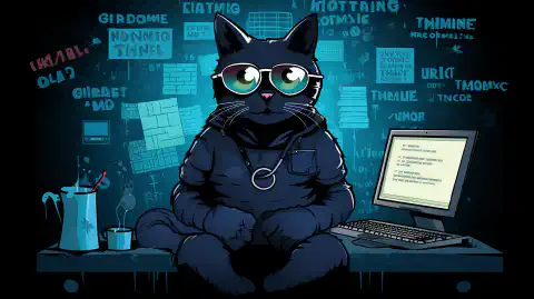 A symbolic and humorous cartoon-style illustration of a cat wearing sunglasses and sitting at a computer, surrounded by text bubbles, symbolizing the hacker cat meme.