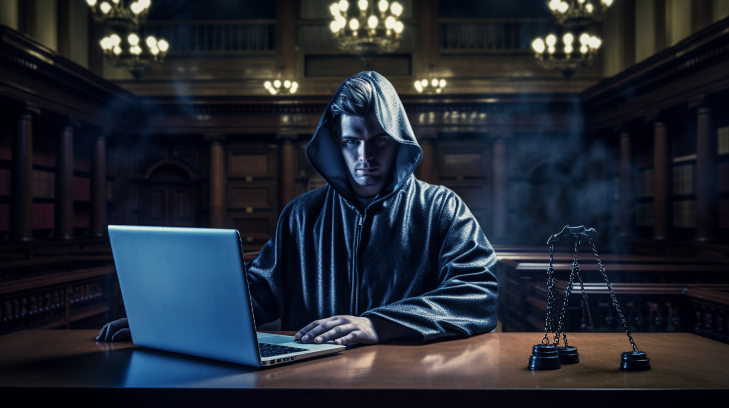 A hacker in a courtroom, symbolizing the legal debate on hacking back.