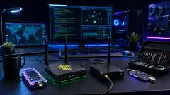A modern hacker's workspace with various hardware tools displayed on a sleek desk, including devices like Chameleon Tiny and WiFi Pineapple, set against a dark background.