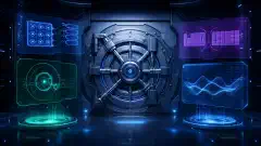 An illustration of a futuristic bank vault with intricate digital locking mechanisms and floating holographic displays of ciphers, set against a dark background with vibrant colors.