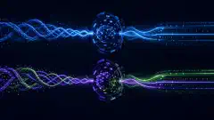 An abstract digital illustration showing twisted strings and glowing data streams on a dark navy background, representing the decoding of Fernet and Malboge ciphers with vibrant blue, green, and purple colors.