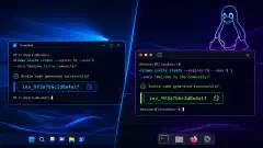 The image features a split-screen view with a Windows PowerShell window on one side and a Linux terminal window on the other, each showing commands for generating an invite code against a dark blue background.