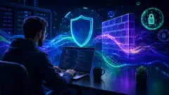A system administrator works on a laptop displaying code, surrounded by abstract shapes representing firewalls and security protocols, all set against a dark navy blue background with vibrant accents.