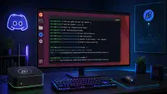 A digital illustration of a modern workspace featuring an Ubuntu desktop with a terminal window open, displaying command lines. A Helium miner device is visible, with vibrant accent colors against a dark background.