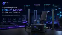The image shows a Helium Mobile Indoor WiFi Hotspot with several external antennas attached, set in a modern home interior. The antennas are different types, and the background is dark with vibrant colors highlighting the technology.
