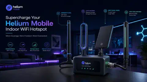 The image shows a Helium Mobile Indoor WiFi Hotspot with several external antennas attached, set in a modern home interior. The antennas are different types, and the background is dark with vibrant colors highlighting the technology.
