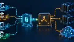 An illustration of AI agents sending requests through one private gateway to a broker routing to local GPU models and a cloud model on a dark background.