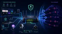 An illustration of a modern home network with a glowing router at the center, surrounded by smart devices and abstract representations of the internet, all on a dark background with vibrant colors.