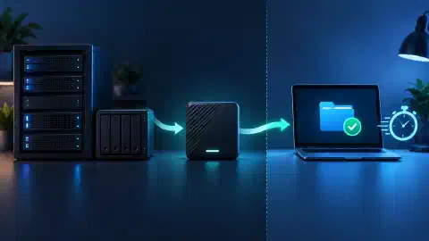 A homelab server and NAS backed up to a separate drive, with a verified restore folder on an isolated test computer and a stopwatch.