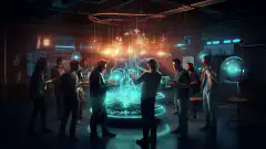  A diverse group of tech enthusiasts gathering around a glowing homelab setup, exchanging knowledge and ideas with excitement.