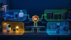 A homelab router and switch separating laptops, servers, IoT devices, and guests into protected network zones.