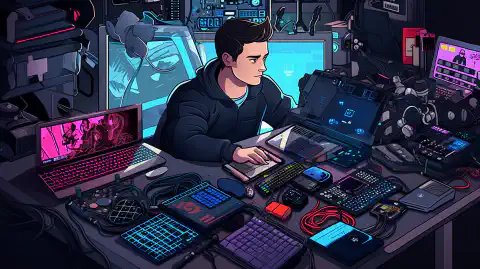 A cartoon-style illustration of a person surrounded by servers, virtual machines, and various tech gadgets, symbolizing the creative exploration and innovation of a homelab setup.