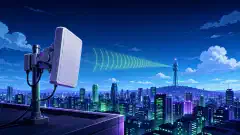An illustration of a directional cellular antenna mounted on a rooftop, pointing towards a distant cell tower, with a city skyline below and a clear blue sky above.