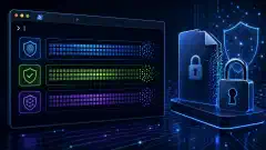 An illustration of a PowerShell command interface on a dark background, featuring colorful representations of SHA256, MD5, and SHA1 file hashes, alongside digital locks and file icons.