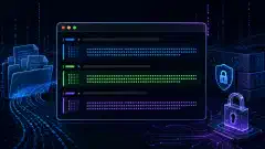 An illustration of a futuristic Linux terminal displaying hash command outputs, surrounded by abstract files and digital symbols on a dark background, with vibrant blue, green, and purple accents.