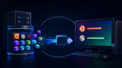 An illustration showing a local repository server with colorful software package icons and an offline computer displaying update progress bars, set against a dark background.