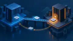 A disk moves across a bridge from a blue server rack to an orange server rack, with a separate return path and a shield by the target.