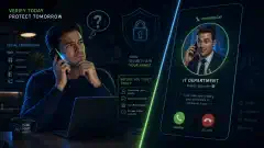 A person receiving a phone call, with a split-screen showing the caller, set against a dark background with vibrant blue and green accents. The scene emphasizes the importance of verifying calls for security.