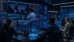 An illustration of a high-tech incident response center with diverse professionals analyzing multiple screens displaying cybersecurity data and alerts, set against a dark background.