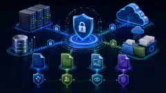 An illustration showing various digital assets such as servers and cloud icons connected by secure pathways, all on a dark background. Vibrant colors of blue, green, and cyan enhance the image.