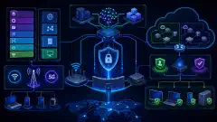 A digital illustration of a secure network architecture, featuring layered OSI and TCP/IP models, wireless networks like Wi-Fi and 5G, and components like NAC, all against a dark background with vibrant accents.