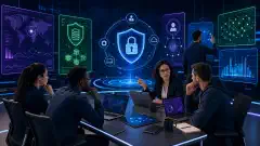 A diverse group of professionals studying in a modern cybersecurity training environment, surrounded by advanced digital tools and holographic displays with various cybersecurity concepts.