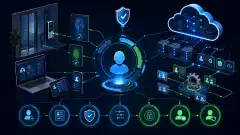 An illustration showing interconnected devices and systems representing identity and access management, with user authentication interfaces and multi-factor authentication symbols on a dark background.