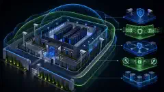 An illustration of a secure data center featuring server racks, security cameras, and digital locks, layered with vibrant colors representing different security measures and technologies.