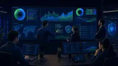 A digital dashboard showcasing security metrics and control testing graphs, with professionals discussing over a large screen displaying vulnerability assessment results.