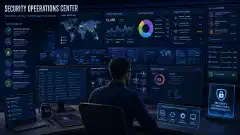 A futuristic control room with a cybersecurity professional analyzing multiple screens showing data, logs, and monitoring dashboards against a dark background with vibrant colors.