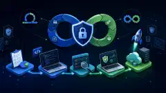 An illustration showing the software development lifecycle with stages like planning, coding, testing, and deployment, featuring vibrant colors and security elements against a dark background.