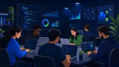 Illustration of a diverse group of people in a modern IT bootcamp setting, using laptops and surrounded by coding screens, charts, and graphs, all on a dark background with vibrant colors.