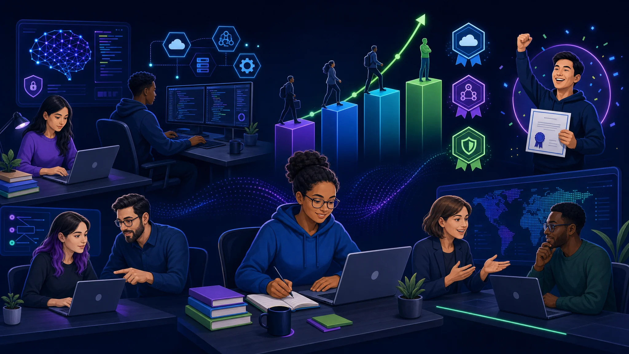 An illustration of a diverse group of IT professionals in a modern workspace, focused on studying for certifications and collaborating. The background is dark navy with vibrant accents.