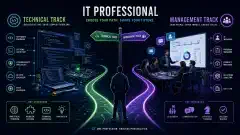An illustration showing two distinct career paths in IT: one side features coding screens and engineering tools, while the other shows a team meeting and graphs, set against a dark background.