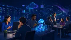 An illustration showing diverse IT professionals: a help desk technician assisting a user, an architect designing cloud infrastructure, and a manager strategizing with team members, all in a modern tech setting.