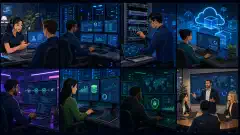 An illustration showing diverse IT professionals in various roles: a help desk technician, systems administrator, network engineer, cloud engineer, DevOps engineer, database administrator, IT security professional, and IT manager, all working in a modern tech environment.