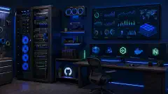 A modern IT home lab setup with multiple servers and a workstation, featuring virtual machines on screens and a wall monitor showing monitoring dashboards, all against a dark background.