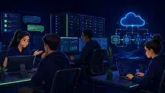 A digital illustration of young professionals in an IT setting, including a help desk intern assisting a user, a sysadmin intern monitoring servers, and a cloud intern working on technology tasks, all on a dark navy background.
