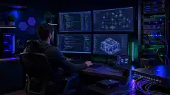 An IT professional working in a high-tech homelab, surrounded by multiple monitors displaying code and project documentation, with servers and networking equipment in a dark, vibrant environment.