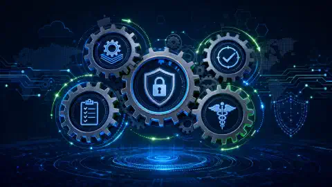 An illustration of interconnected gears symbolizing IT compliance frameworks like ITIL, NIST, SOC 2, and HIPAA, set against a dark navy background with vibrant blue and green accents.