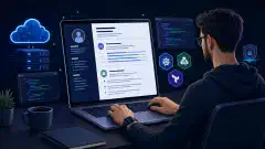 An IT professional's workspace featuring a laptop with a resume template on screen, surrounded by icons representing IT tools and certifications such as cloud and server symbols, all on a dark background.