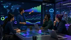A diverse group of IT professionals, including a network engineer, cloud engineer, and security analyst, collaborating in a high-tech office, analyzing interactive data visualizations on screens.