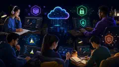 A digital illustration of diverse individuals learning IT online, using laptops and tablets in a dark background. Colorful screens display various tech-related visuals, representing fields like cloud computing and cybersecurity.