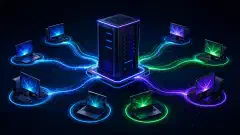 A futuristic server surrounded by glowing client computers, illustrating KMS activation in a dark setting with vibrant colors. The scene emphasizes digital connectivity and modern technology.