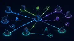 An abstract network diagram showing interconnected nodes representing lateral movement in cybersecurity, with vibrant colors on a dark background illustrating different protocols and processes.