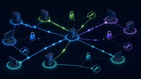 An abstract network diagram showing interconnected nodes representing lateral movement in cybersecurity, with vibrant colors on a dark background illustrating different protocols and processes.