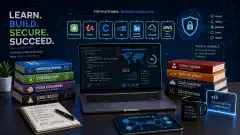 A modern workspace with an open laptop showing coding scripts, surrounded by colorful books on IT and Cybersecurity, with icons of learning platforms above, set against a deep navy background.