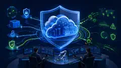 An illustration of a stylized cloud surrounded by digital elements like shields and icons, with blue and green accents, set against a deep navy background, representing cloud security management.
